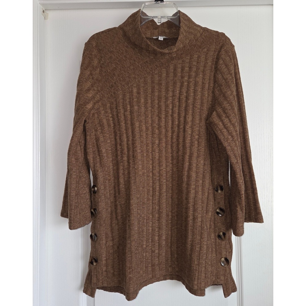 NorthStyle Ribbed Mock Neck Long‎ Sleeve Button Side Tunic Top Brown Sz L Boho